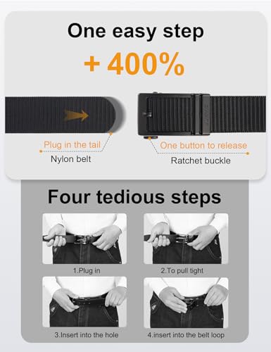 JUKMO Ratchet Belt for Men, Nylon Web Tactical Belt with Automatic Slide Buckle (Black, Large)