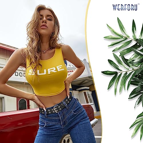 WERFORU Double Grommet Belt PU Leather Punk Belt for Women Men Jeans 2 Hole Belts 1.5 Wide