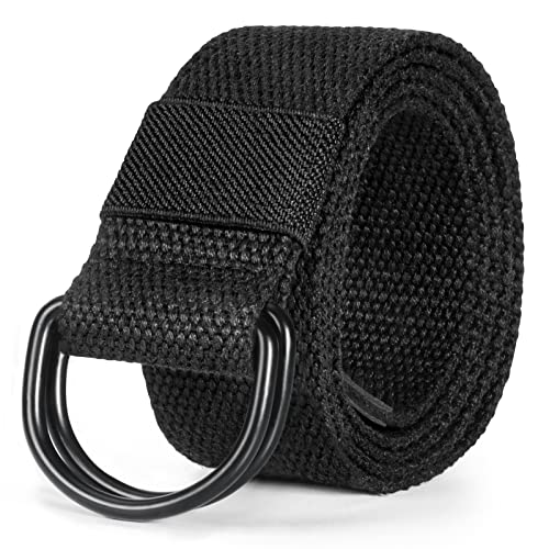 maikun Mens & Womens Canvas Belt with Black D-ring 1 1/2" Wide Extra Long Black, 110cm long, for waist size 31-35''