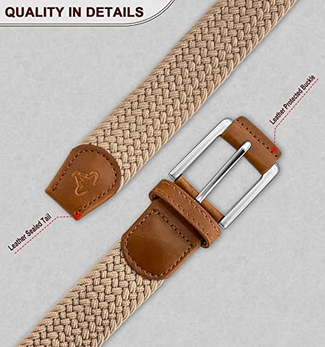 BULLIANT Belt for Men 2Pack,Mens Gift Stretch Braided Web Belt Elastic for Casual Golf Jeans,1 3/8"(Black/Beige,30"-34" Waist Adjustable)
