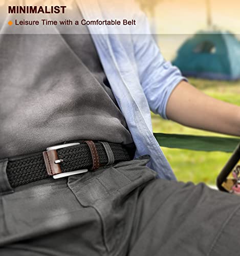 BULLIANT Belt for Men 2Pack,Mens Gift Stretch Braided Web Belt Elastic for Casual Golf Jeans,1 3/8"(Black/Beige,30"-34" Waist Adjustable)