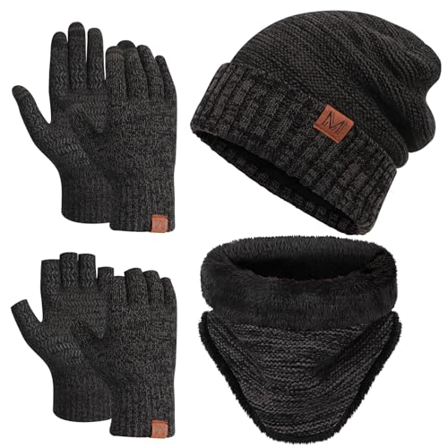 MAYLISACC 4 Pcs Winter Beanie Hat Scarf Glove Set for Men Women Tech Touchscreen Gloves & Fingerless Gloves for Cold Weather Black