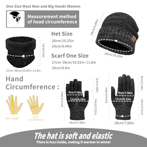 MAYLISACC 4 Pcs Winter Beanie Hat Scarf Glove Set for Men Women Tech Touchscreen Gloves & Fingerless Gloves for Cold Weather Black