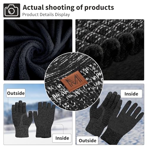 MAYLISACC 4 Pcs Winter Beanie Hat Scarf Glove Set for Men Women Tech Touchscreen Gloves & Fingerless Gloves for Cold Weather Black