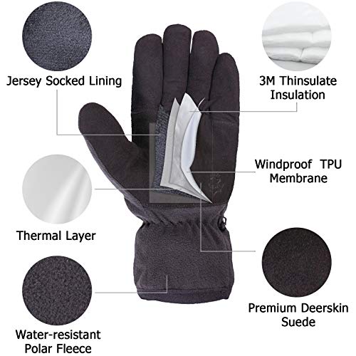 SKYDEER Winter Gloves with Soft Deerskin Suede Leather For Men and Women Cold Weather (SD8661T/S, Warm 3M Thinsulate Insulation)