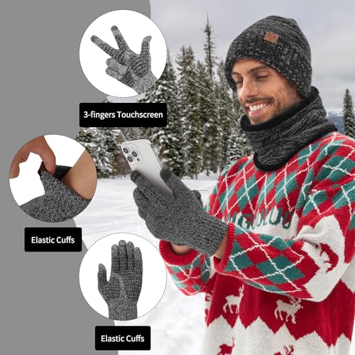 MAYLISACC 4 Pcs Winter Beanie Hat Scarf Glove Set for Men Women Tech Touchscreen Gloves & Fingerless Gloves for Cold Weather Black