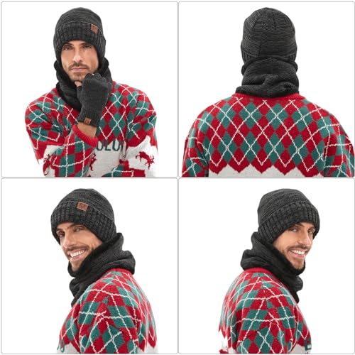 MAYLISACC 4 Pcs Winter Beanie Hat Scarf Glove Set for Men Women Tech Touchscreen Gloves & Fingerless Gloves for Cold Weather Black