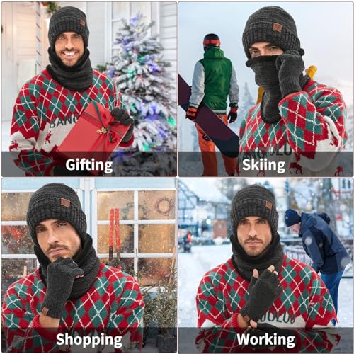 MAYLISACC 4 Pcs Winter Beanie Hat Scarf Glove Set for Men Women Tech Touchscreen Gloves & Fingerless Gloves for Cold Weather Black