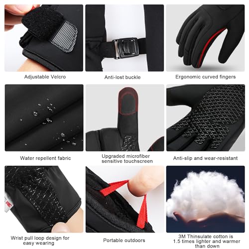 Jeniulet Waterproof Winter Gloves Mens Women Warm Touch Screen Anti-Slip and Wear-Resistant with Adjustable Velcro