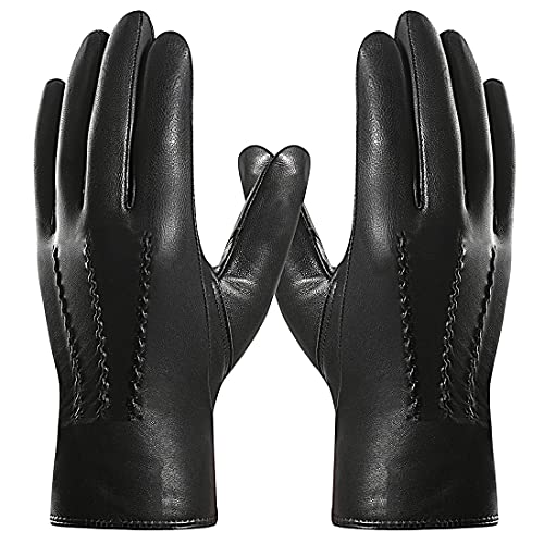 Harssidanzar Mens Leather Gloves,Warm Winter Driving Gloves Fleece Lined,Black, M