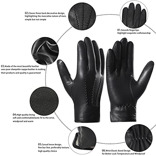 Harssidanzar Mens Leather Gloves,Warm Winter Driving Gloves Fleece Lined,Black, M