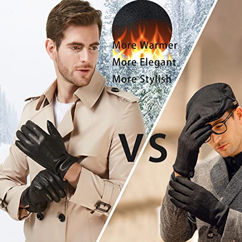 Harssidanzar Mens Leather Gloves,Warm Winter Driving Gloves Fleece Lined,Black, M