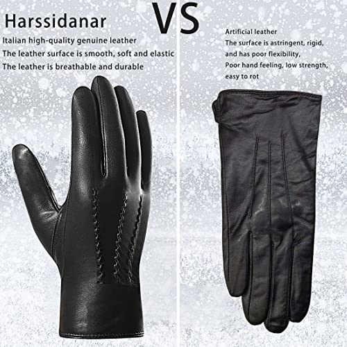 Harssidanzar Mens Leather Gloves,Warm Winter Driving Gloves Fleece Lined,Black, M