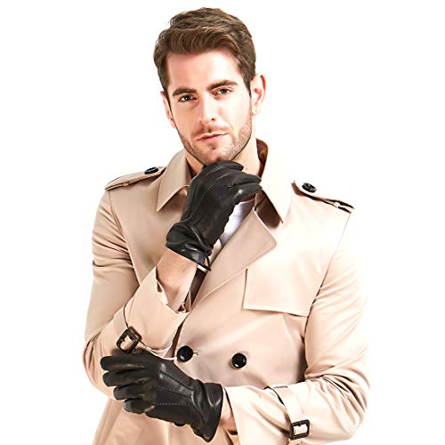 Harssidanzar Mens Leather Gloves,Warm Winter Driving Gloves Fleece Lined,Black, M