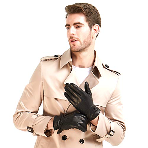 Harssidanzar Mens Leather Gloves,Warm Winter Driving Gloves Fleece Lined,Black, M