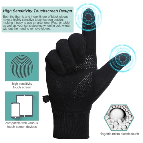 Sireck Stretch Fleece Lined Winter Gloves for Men Women, Cold Weather Touch Screen Thermal Black Driving Gloves, Freezer Warm Gloves for Skiing Running Riding Workout