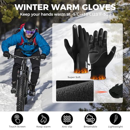 AURUZA Winter Gloves for Men and Womens, Waterproof Cycling Gloves for Men and Womens Cold Weather, Touch Screen Anti-Slip Gloves for Winter, Windproof Gloves for Cycling Driving Running M