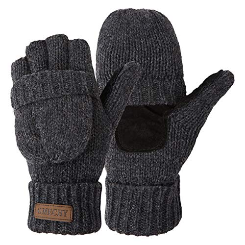 OMECHY Winter Knitted Fingerless Wool Gloves Thermal Insulation Warm Convertible Mittens Flap Cover for Men Women