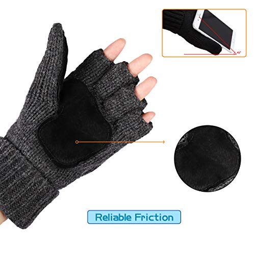 OMECHY Winter Knitted Fingerless Wool Gloves Thermal Insulation Warm Convertible Mittens Flap Cover for Men Women