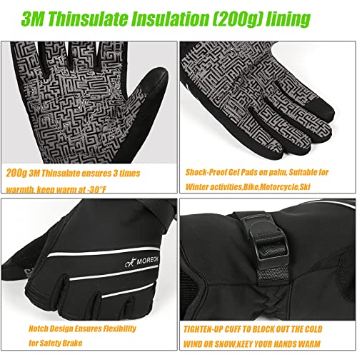 MOREOK Waterproof & Windproof -30°F Winter Gloves for Men/Women, 3M Thinsulate Thermal Gloves Touch Screen Warm Gloves for Skiing,Cycling,Motorcycle,Running-Black-XL