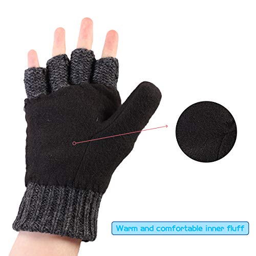 OMECHY Winter Knitted Fingerless Wool Gloves Thermal Insulation Warm Convertible Mittens Flap Cover for Men Women