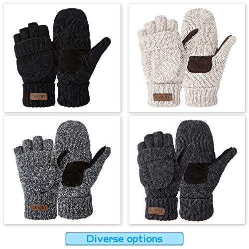 OMECHY Winter Knitted Fingerless Wool Gloves Thermal Insulation Warm Convertible Mittens Flap Cover for Men Women
