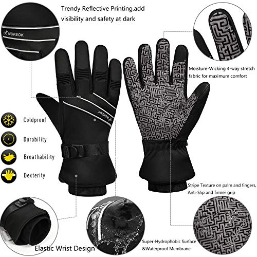 MOREOK Waterproof & Windproof -30°F Winter Gloves for Men/Women, 3M Thinsulate Thermal Gloves Touch Screen Warm Gloves for Skiing,Cycling,Motorcycle,Running-Black-XL