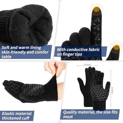 Pleneal 2 Pairs Winter Gloves for Men Women - Upgraded Touchscreen Knit Gloves, Anti-Slip Thermal Gloves, Elastic Cuff