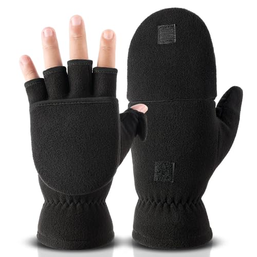 OZERO Winter Gloves 3M Thinsulate Fingerless Convertible Thermal Mittens Insulated Polar Fleece Windproof for Running/Cycling/Walking Dogs Warm for Man and Women (Medium,Black)