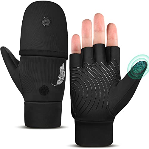 EEFOW Fingerless Mittens Waterproof Gloves for Women - Cold Weather Warm Driving Winter Touchscreen Work Insulated Mens Gloves for Cycling Gifts Motorcycle Sports Running Outdoor Black M