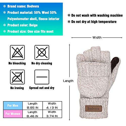 Bodvera Thermal Insulation Fingerless Texting Wool Gloves for Women and Men Winter Warm Knitted Convertible Mittens Flap