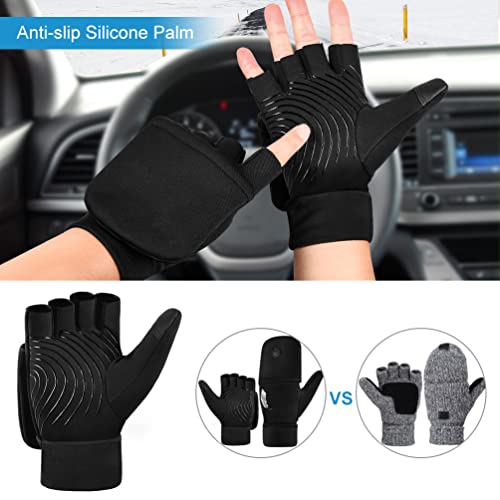 EEFOW Fingerless Mittens Waterproof Gloves for Women - Cold Weather Warm Driving Winter Touchscreen Work Insulated Mens Gloves for Cycling Gifts Motorcycle Sports Running Outdoor Black M