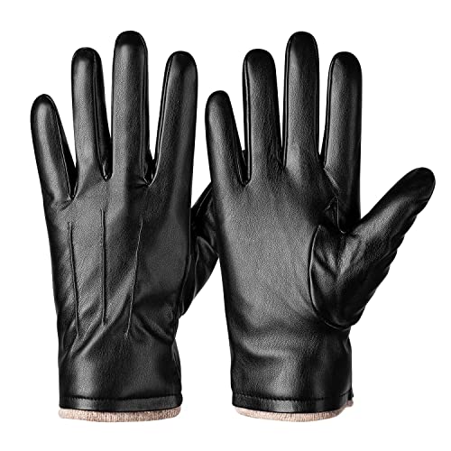 Alepo Winter PU Leather Gloves For Men, Warm Thermal Touchscreen Texting Typing Dress Driving Motorcycle Gloves With Wool Lining (Black-XXL)