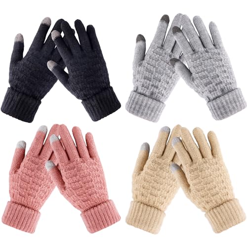 4 Pairs Women's Touchscreen Winter Gloves - Fashion Knit Mittens with Thick Cuffs for Cold Weather