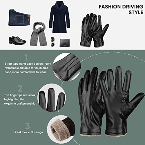 Alepo Winter PU Leather Gloves For Men, Warm Thermal Touchscreen Texting Typing Dress Driving Motorcycle Gloves With Wool Lining (Black-XXL)