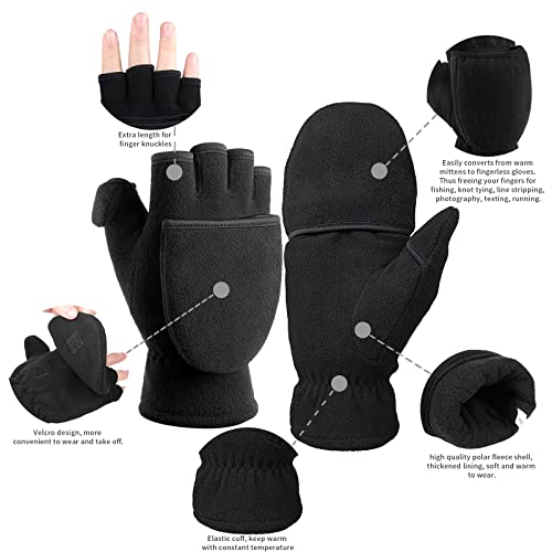 BESSTEVEN Winter Convertible Fingerless Gloves Windproof Warm Thermal Fleece for Men Women Fishing Jogging Hiking Photography - Black X Large