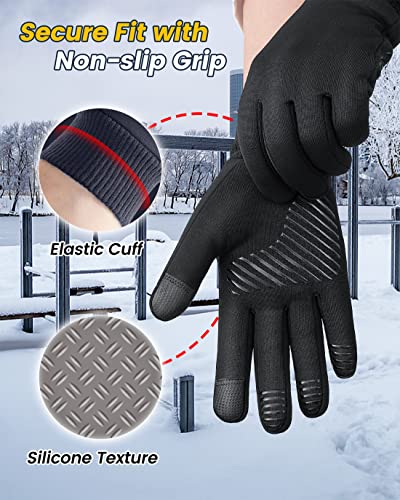 FEWTUR Winter Water Proof Gloves for Men Women Cold Weather Running - Waterproof Touchscreen Running Gloves for Hiking Bike, Thin Black Snow Warm Gloves Touch Screen for Biking Driving Soccer