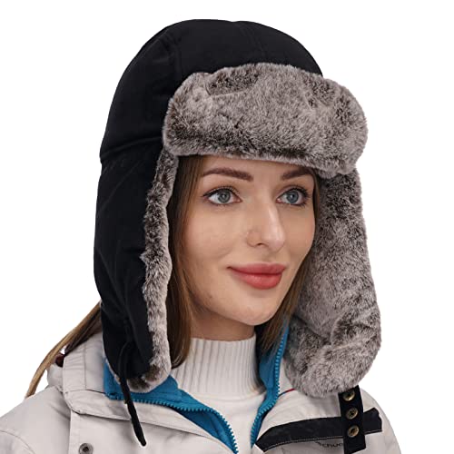 USHAKECAMP Trapper Hat Winter Warm Hats Russian Fur Hat Ushanka Eskimo Hat Ear Flap with Faux Fur for Women Black