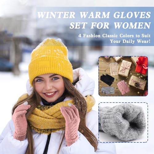 4 Pairs Women's Touchscreen Winter Gloves - Fashion Knit Mittens with Thick Cuffs for Cold Weather
