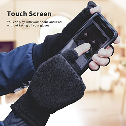BESSTEVEN Winter Convertible Fingerless Gloves Windproof Warm Thermal Fleece for Men Women Fishing Jogging Hiking Photography - Black X Large