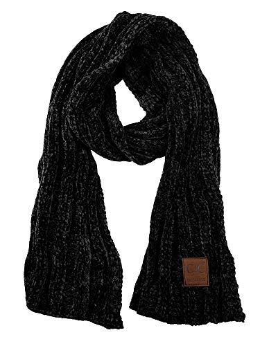 C.C Women's Ultra Soft Chenille Ribbed Thick Warm Knit Shawl Wrap Scarf-Black