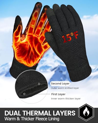 REACH STAR Winter gloves for women, 3-Finger Touch screen Dual-Layer Cashmere Elastic Thermal knit Lining, Warm Gloves for Cold weather,Running,Driving(Black)
