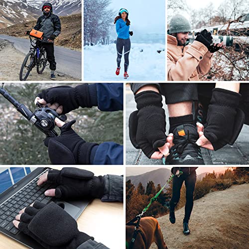 BESSTEVEN Winter Convertible Fingerless Gloves Windproof Warm Thermal Fleece for Men Women Fishing Jogging Hiking Photography - Black X Large