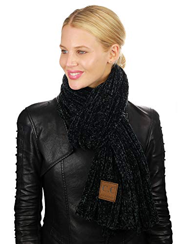 C.C Women's Ultra Soft Chenille Ribbed Thick Warm Knit Shawl Wrap Scarf-Black