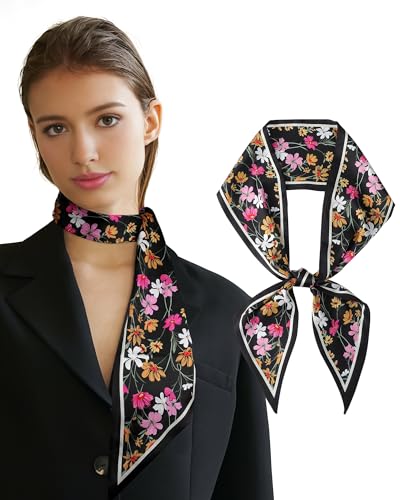 AWAYTR Long Silk Feel Scarf Women Hair Scarf Satin Neck Scarf Tie Bandana Headband Scarf Edge Wrap Head Scarf Purse Handbags (Black Flowers)