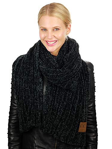 C.C Women's Ultra Soft Chenille Ribbed Thick Warm Knit Shawl Wrap Scarf-Black
