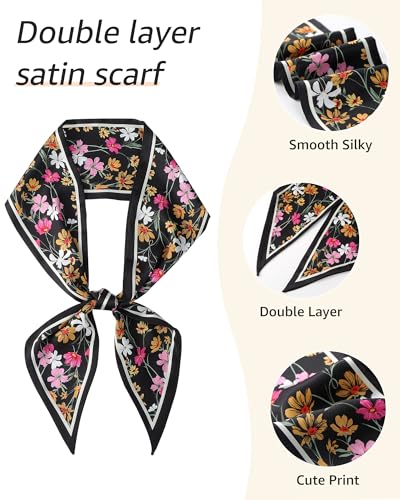 AWAYTR Long Silk Feel Scarf Women Hair Scarf Satin Neck Scarf Tie Bandana Headband Scarf Edge Wrap Head Scarf Purse Handbags (Black Flowers)