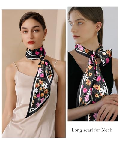 AWAYTR Long Silk Feel Scarf Women Hair Scarf Satin Neck Scarf Tie Bandana Headband Scarf Edge Wrap Head Scarf Purse Handbags (Black Flowers)