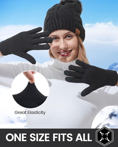 REACH STAR Winter gloves for women, 3-Finger Touch screen Dual-Layer Cashmere Elastic Thermal knit Lining, Warm Gloves for Cold weather,Running,Driving(Black)