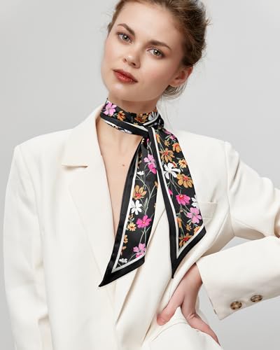 AWAYTR Long Silk Feel Scarf Women Hair Scarf Satin Neck Scarf Tie Bandana Headband Scarf Edge Wrap Head Scarf Purse Handbags (Black Flowers)